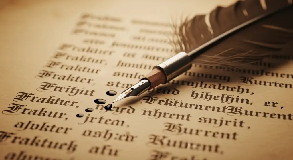 Eine alte Schreibfeder liegt auf einem Pergament mit handgeschriebener altdeutscher Schrift.