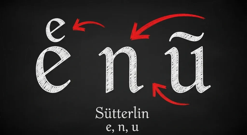 Anleitung zur Unterscheidung der Sütterlin-Buchstaben e, n und u.