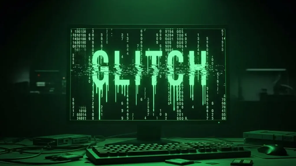 Glitch Text Generator Digitaler Bildschirm zeigt das Wort "GLITCH" verzerrt und schmelzend im Matrix-Stil