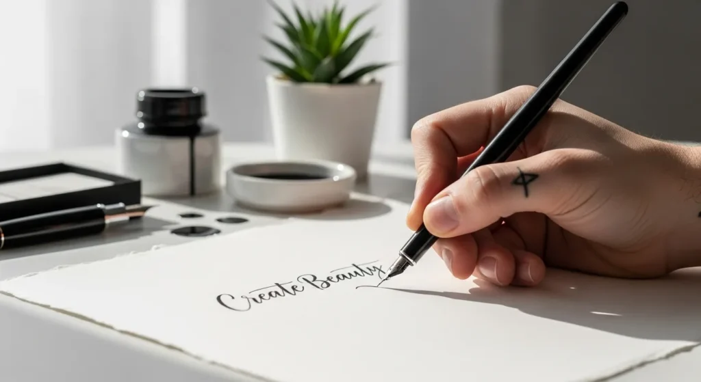 Eine Person übt Kalligraphie und schreibt altdeutsche Buchstaben.