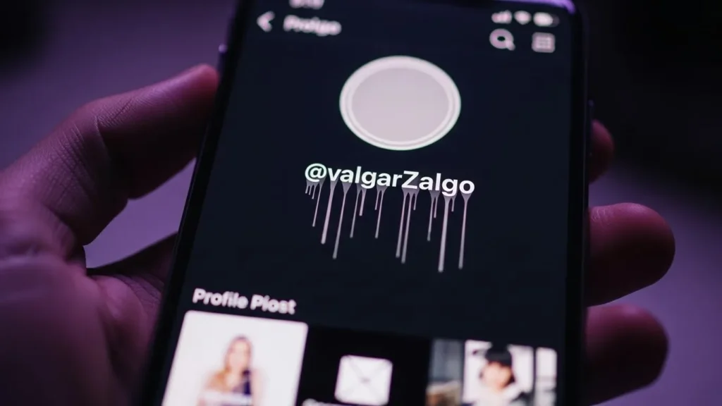 Smartphone zeigt ein Social Media Profil mit einem gruseligen Glitch-Benutzernamen.