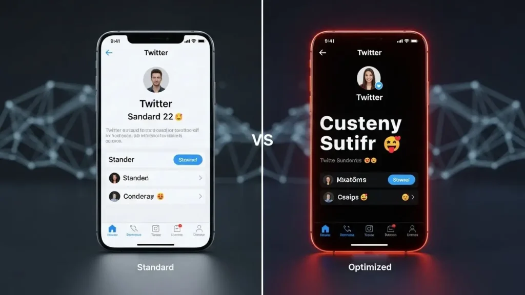 Vergleich zwischen einem langweiligen Standard-Twitter-Profil und einem optimierten Profil mit angepasster Twitter Schriftart.