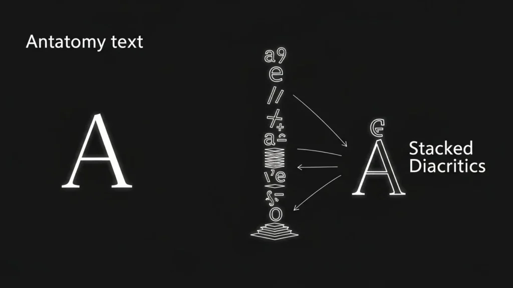 Grafik erklärt wie normale Buchstaben mit diakritischen Zeichen gestapelt werden um Glitch Text zu erzeugen.